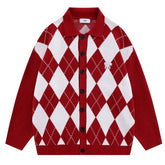 Men's Contrast Jacquard Diamond Plaid Cardigan Sweater